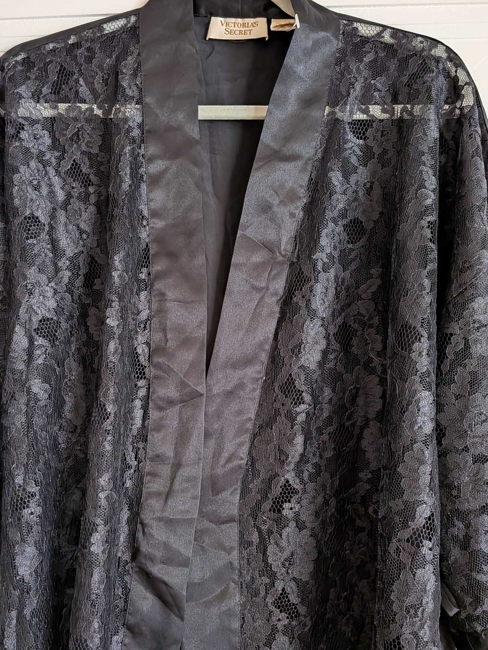 Victoria's Secret Black Lace Satin-Trim Robe